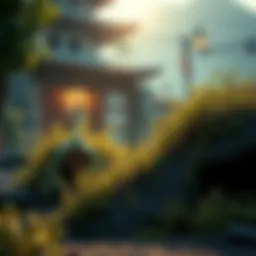 A character crouching behind a bush in the Nasjuro level, looking for hiding spots during gameplay.