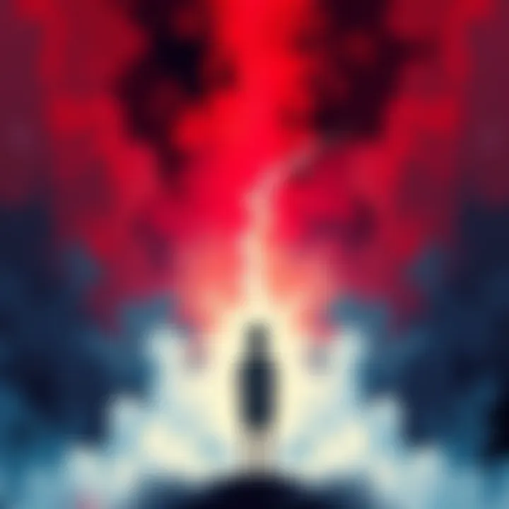 Higaruma standing in a colorful background, showing a shift from deep reds to calming whites, reflecting his journey from anger to hope with Yuji's inspiration.