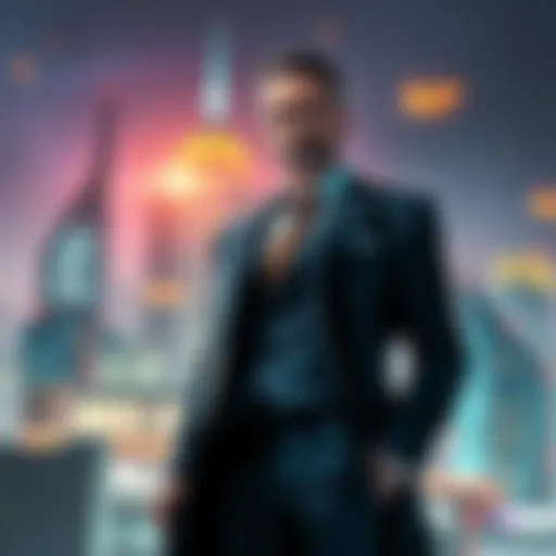 A powerful figure in a sleek suit standing confidently, surrounded by futuristic city skyline and glowing lights, symbolizing influence and authority.