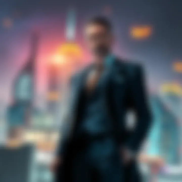 A powerful figure in a sleek suit standing confidently, surrounded by futuristic city skyline and glowing lights, symbolizing influence and authority.