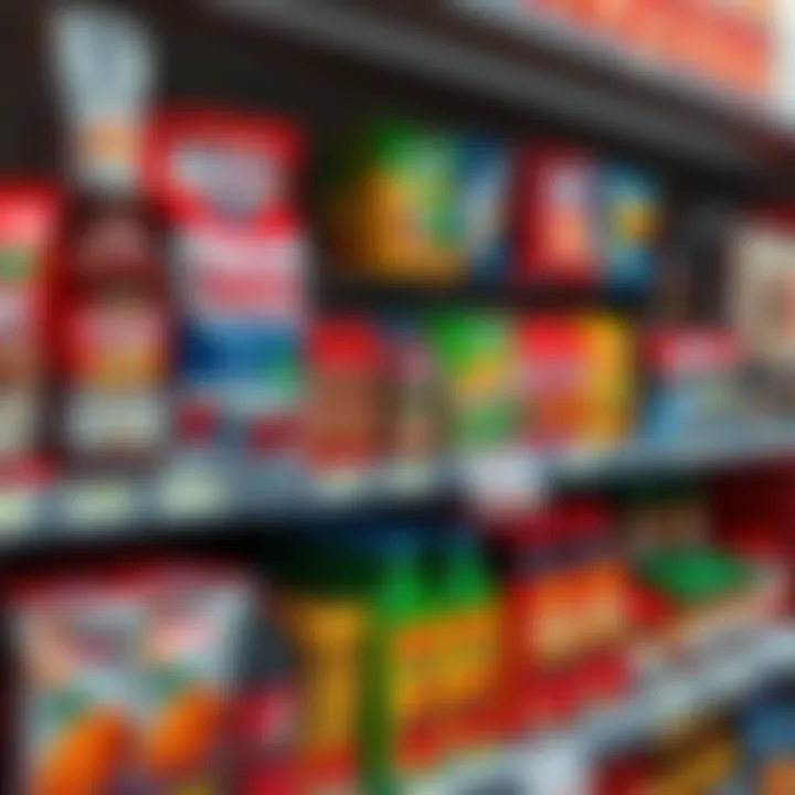 A shelf displaying various unsealed products with noticeable price tags showing inflated prices