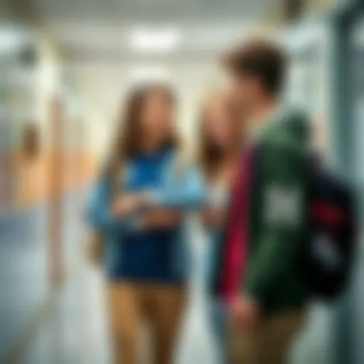Two high school students chatting and laughing together in a school hallway, showcasing their growing friendship.