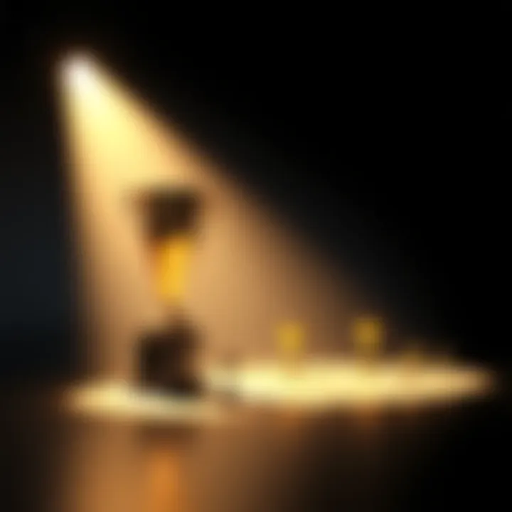 A spotlight illuminating a trophy, symbolizing remarkable accomplishments over consistent efforts, with shadows of smaller trophies representing overlooked consistent failures.