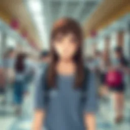 A high school girl with brown hair stands in a busy school hallway looking shy and uncertain. She is surrounded by classmates who appear engaged in conversation.