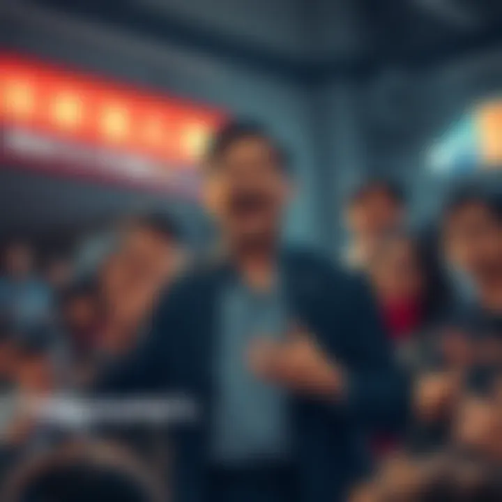 A scene showing Higuruma passionately sharing bold opinions, with people reacting in the background, some supporting and others debating.