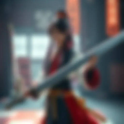 A person dressed as Higuruma, holding an oversized sword, showcasing intricate costume details.