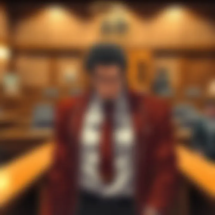 Higuruma stands confidently in a courtroom, switching from prosecutor to defense, with a determined look on his face, showcasing his unique cursed technique.