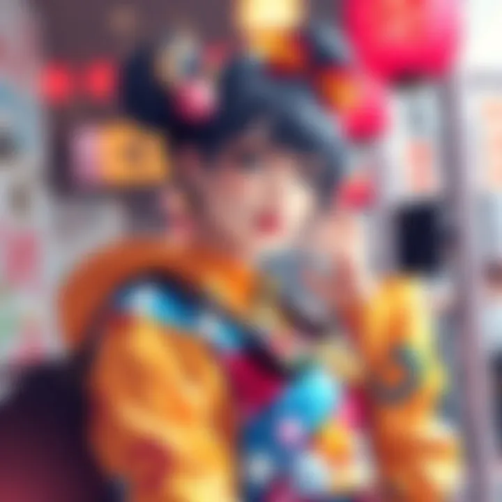 A colorful illustration of Higuruma Hiromi in a vibrant outfit, showcasing unique fashion elements and a playful pose.