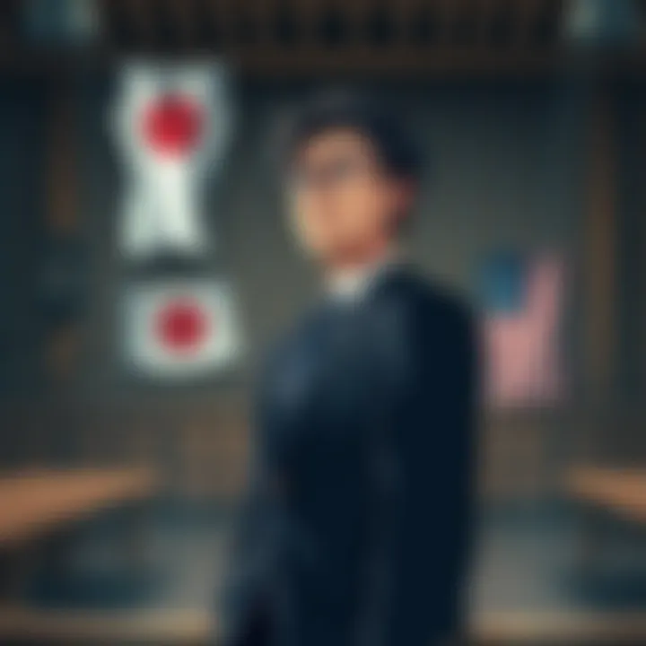 A character inspired by Higuruma standing in a courtroom setting, looking thoughtful while surrounded by symbols of Japanese and American law.