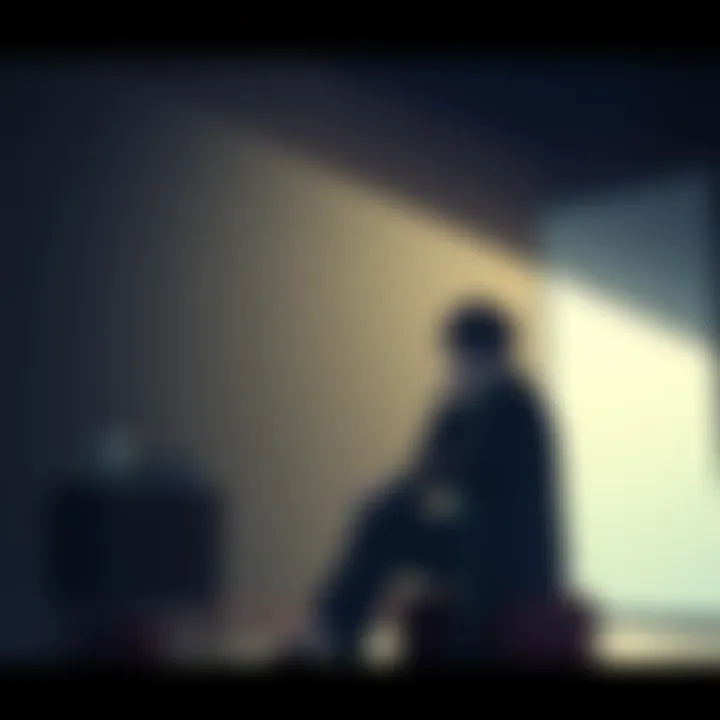 A scene showing Higuruma sitting in a dimly lit room, looking troubled as he contemplates the consequences of violence. Nearby, a hopeful character stands, offering support.