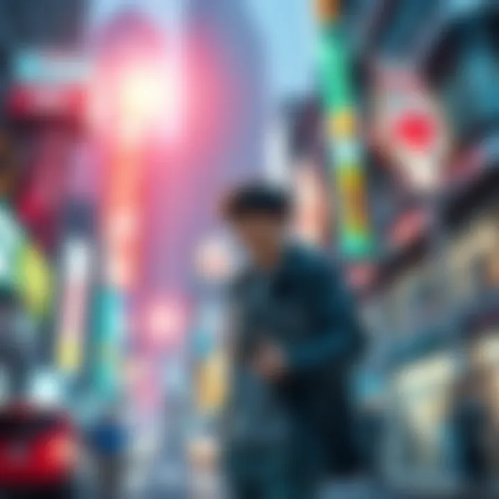 Higuruma standing in Shibuya, surrounded by tall buildings and vibrant city lights, holding a book and looking thoughtful.