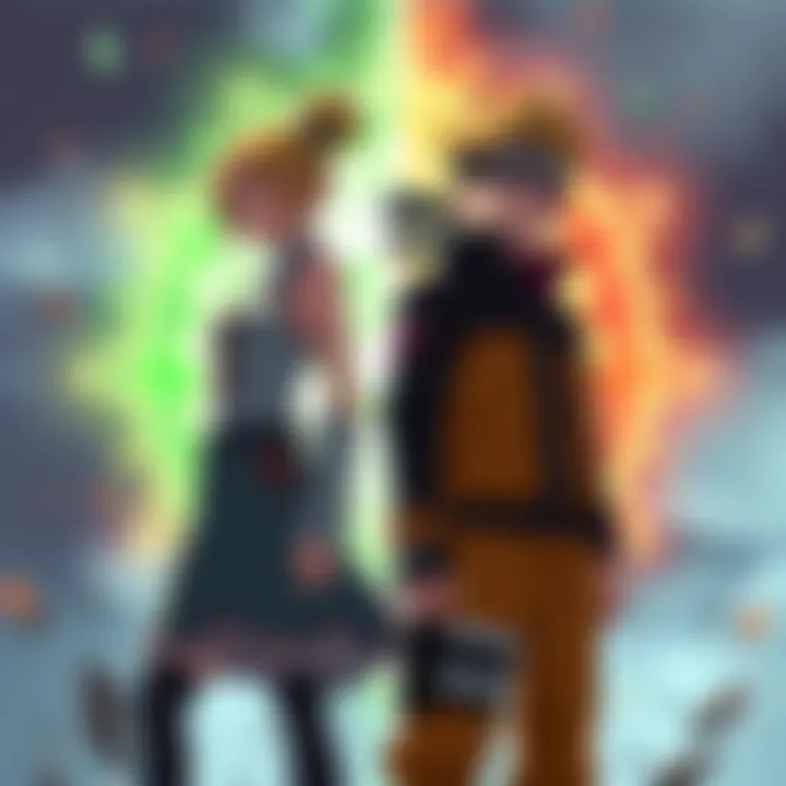 Himawari and Naruto standing side by side, showcasing their unique traits as jinchuriki, with a split background indicating their individual strengths.