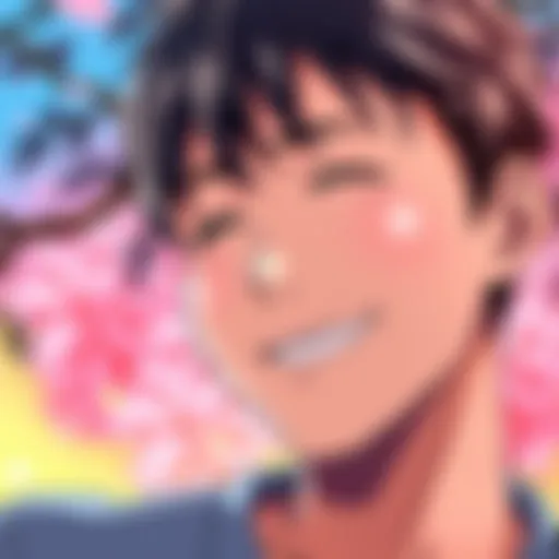 Close-up of Hiroyuki Yoshino smiling, showcasing his charm and personality in an anime-themed background.