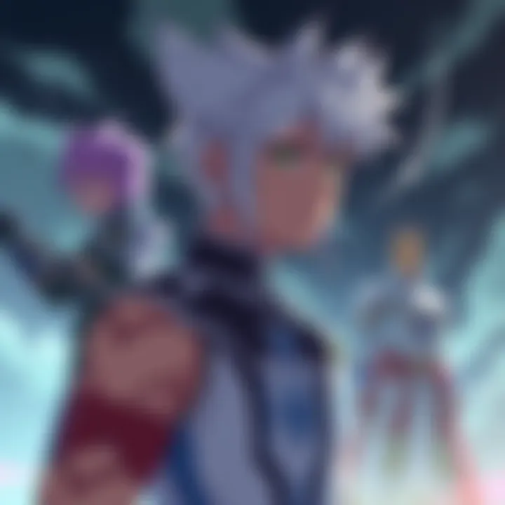 Hisoka stands with a contemplative look, watching Bisky and Razor in the background, both ready for battle. Hisoka's expression shows hesitation.