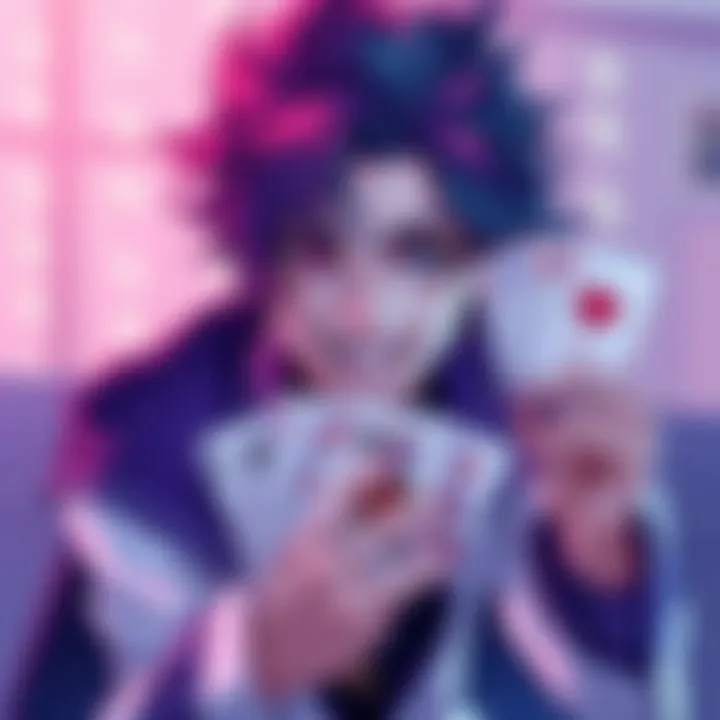 Illustration of Hisoka posing with playing cards, showcasing his colorful hair and playful expression.