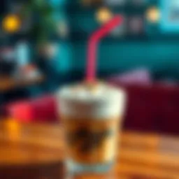 A unique coffee drink featuring a straw made from bungee gum, topped with foam art and colorful sprinkles.