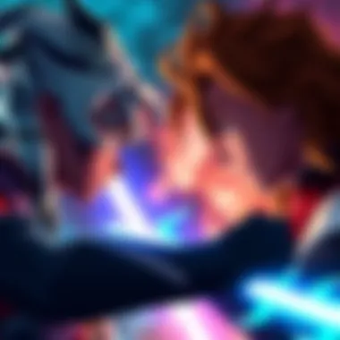 Hisoka versus Gon Hisoka and Gon facing off in an intense showdown, showcasing their unique abilities and strong expressions, set in a dramatic background.