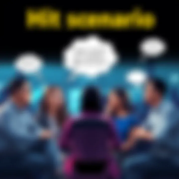 Hit Scenario Discussion People engaging in a debate about choices in challenging situations, contemplating their preferences, with thought bubbles above their heads expressing different scenarios.