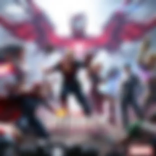 Art depicting HNK characters in a battle scene similar to Marvel Rivals gameplay.