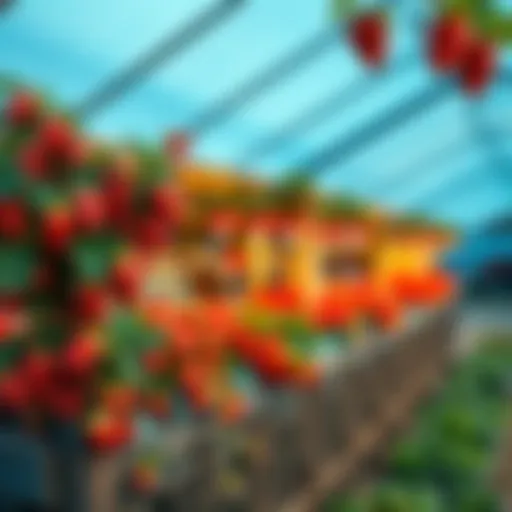 A colorful display of Holly's stand featuring numerous strawberry plants and tendrils, capturing attention and inviting visitors.