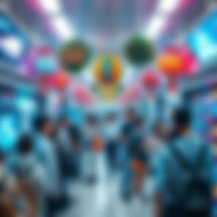 A lively scene of people attending the Holo Fes & Expo in a subway station, featuring colorful decorations and interactive displays.