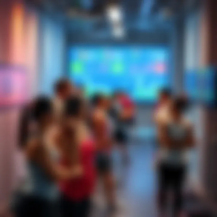 Group of HoloEN members participating in a fitness assessment, showcasing their health metrics and engaging in physical activities.