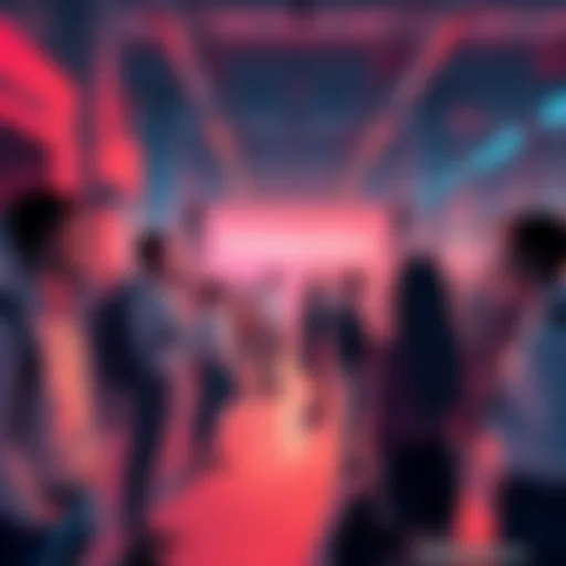 A group of people networking and discussing at the Holojustice meet and greet event.