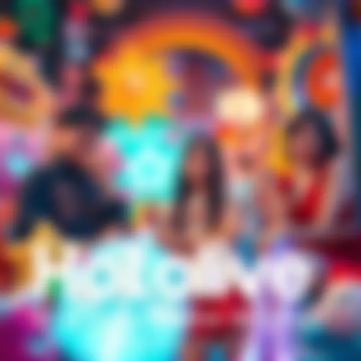 Hololive Stars in ehehe World Colorful scene featuring Hololive talents ไบๆใฟใกใ and FUWAMOCO surrounded by vibrant art and playful elements