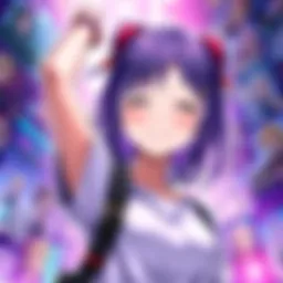 A Hololive girl character smiling with her arm raised, showcasing her armpit, amidst a colorful background of fan art and discussions on forums