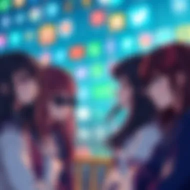 Hololive Girls Remain Silent Hololive girls looking thoughtful, reflecting on the departures of Holostars JP members, with a backdrop of social media icons