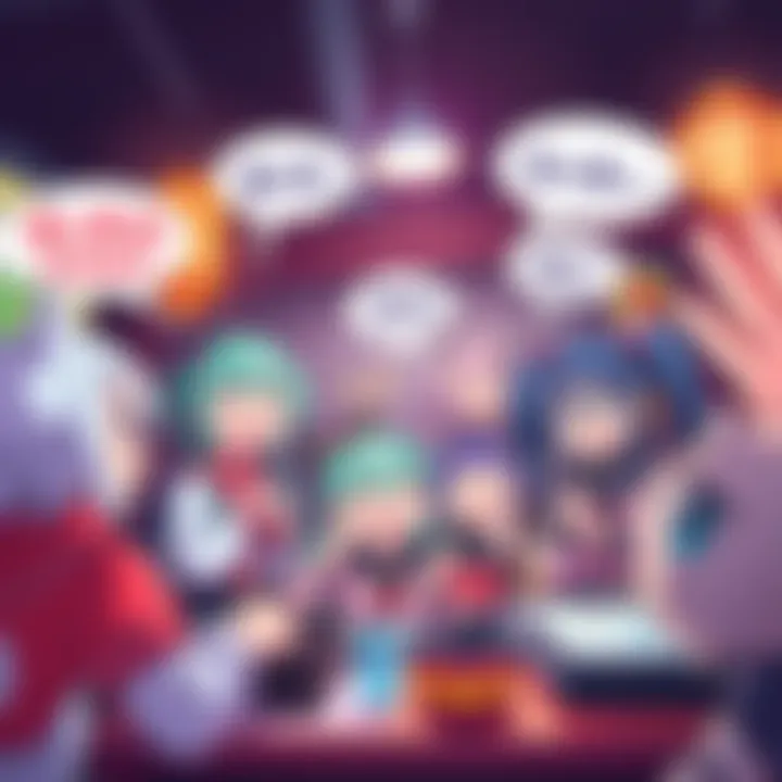 Colorful Hololive characters engaging in a lively streaming session with chat bubbles showing laughter and Japanese text.