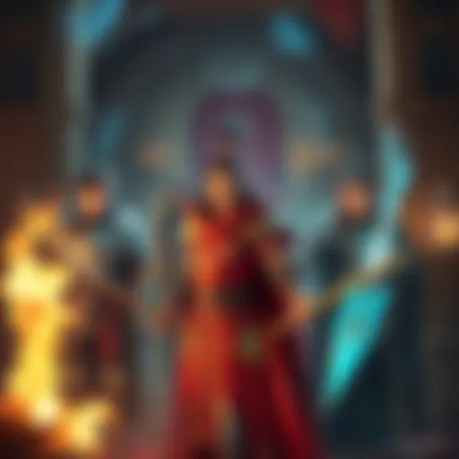 A scene depicting various Hololive members dressed as fantasy characters in a medieval setting, surrounded by knights and magic elements.