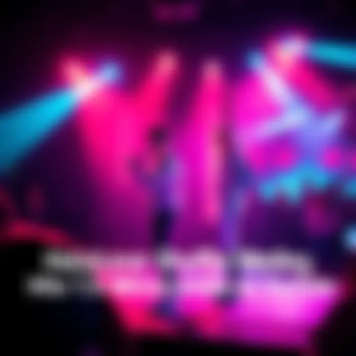 A vibrant scene showing Hololive VTubers Shirogane Noel and Oozora Subaru performing together on stage with colorful lights and a cheering crowd.