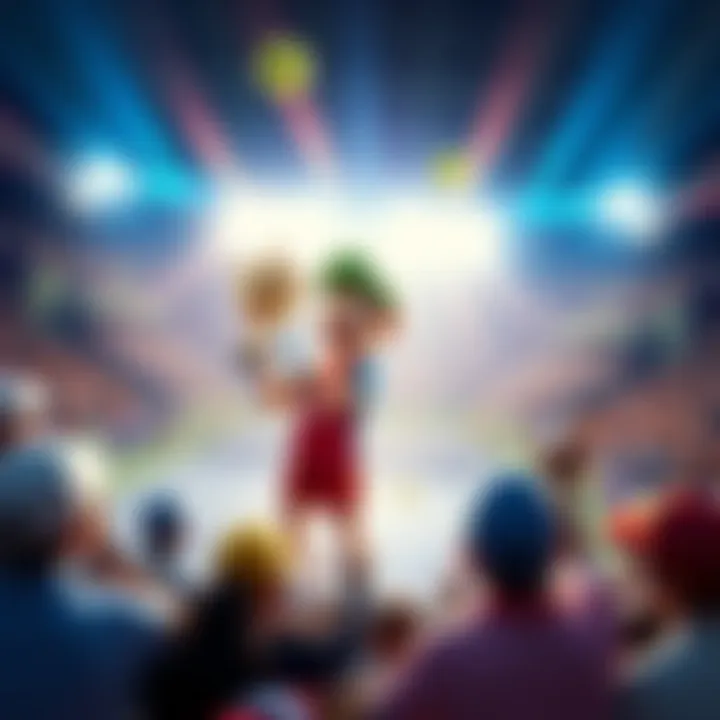 HoloMario Tennis Champion The champion of the HoloMario Tennis Tournament holds the trophy on the court, surrounded by cheering fans.