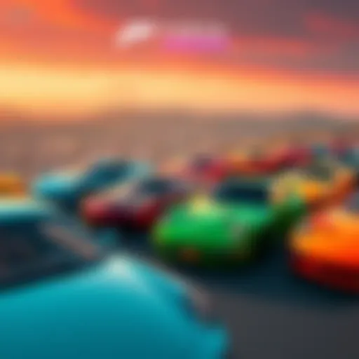 A colorful lineup of holomem cars in a scenic view from Forza Horizon 6