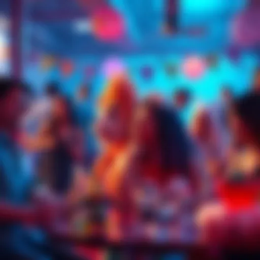 A group of colorful Holomem characters interacting in a lively social scene, showcasing their unique personalities that may help in romantic situations.