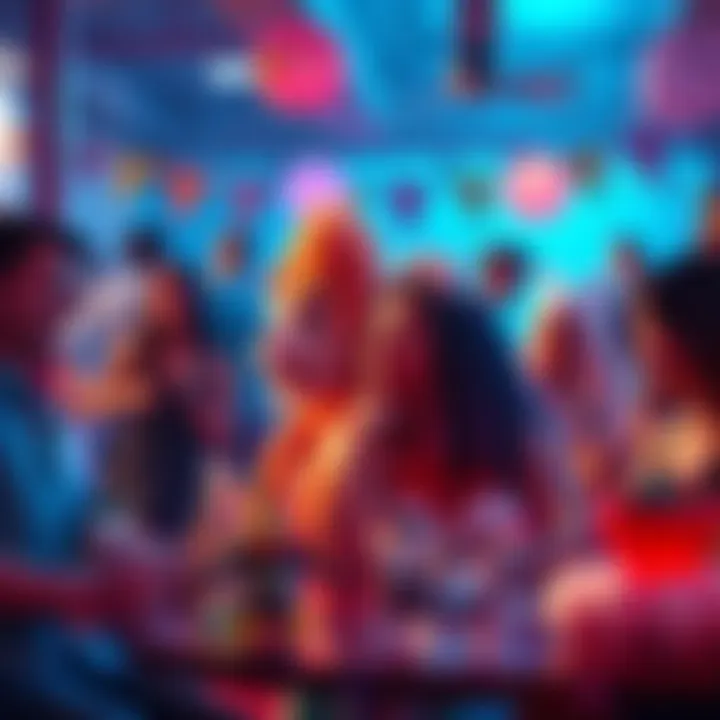 A group of colorful Holomem characters interacting in a lively social scene, showcasing their unique personalities that may help in romantic situations.