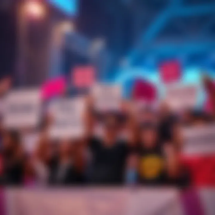 A group of fans holding signs with popular Holomem phrases, showing excitement and engagement with their favorite characters.