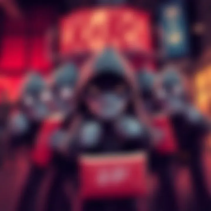 A group of cartoonish holomems plotting a humorous heist for 12 tonnes of KitKat chocolate bars, with sneaky expressions and playful poses