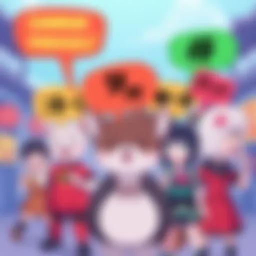 A vibrant illustration featuring popular Holomems characters like Pekora and Suisei, showcasing their iconic phrases in colorful speech bubbles.