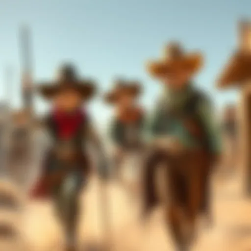 HoloMyth characters dressed as cowboys in a Western setting, showcasing a blend of popular culture and Western themes.
