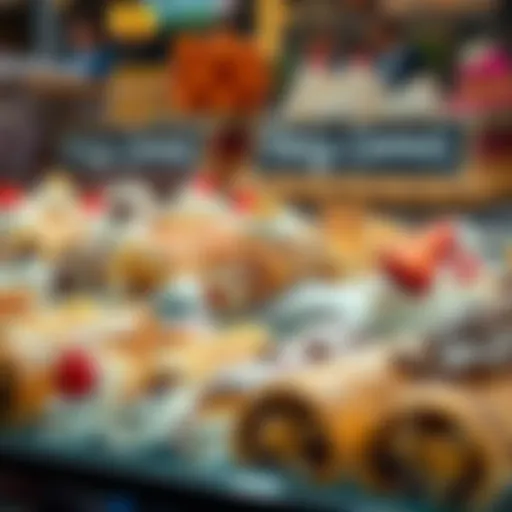 A display of different flavored holy cannoli desserts topped with various fillings and decorative toppings