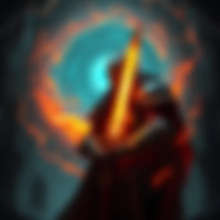 A holy knight clad in dark armor, glowing with ominous energy, stands in front of a swirling abyss. The knight's sword reflects eerie light as symbols of the abyss flicker around. Light and shadow int...