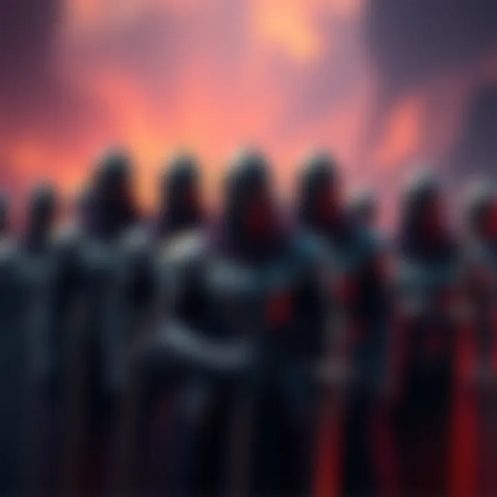 Holy Knights as Villains A group of Holy Knights in dark armor, with menacing expressions, standing in a dramatic pose, representing villainy.