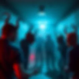 A group of people confronting scary demon figures in a confined escape room filled with challenging tasks