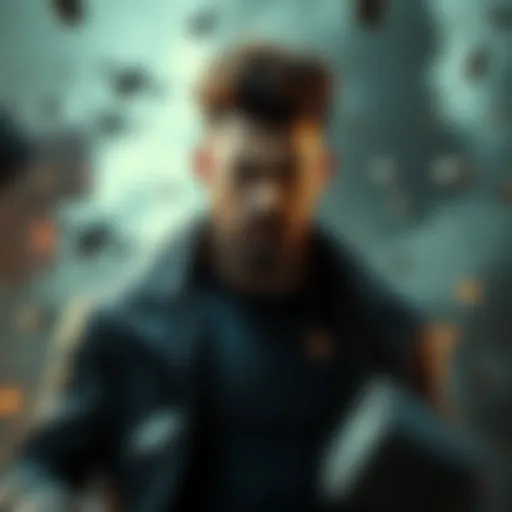 Homelander stands confidently with a serious expression, surrounded by chaos, symbolizing his perceived strength but hinting at his vulnerabilities.
