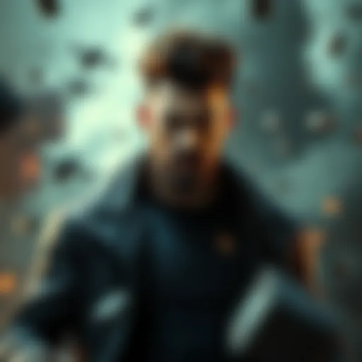 Homelander stands confidently with a serious expression, surrounded by chaos, symbolizing his perceived strength but hinting at his vulnerabilities.