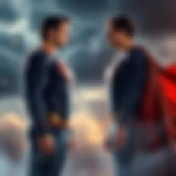 Homelander and Superman Face Off Homelander and Superman stand opposite each other, showcasing their contrasting powers, tension in the air as they prepare for a fight.