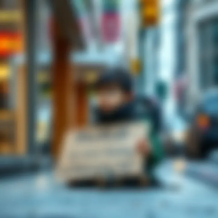 Homeless boy in urban setting A young boy named Pickle sitting on a city sidewalk with a cardboard sign, looking thoughtful and sad.