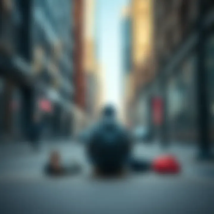 A homeless person sitting on a sidewalk with belongings in a backpack, surrounded by city buildings.